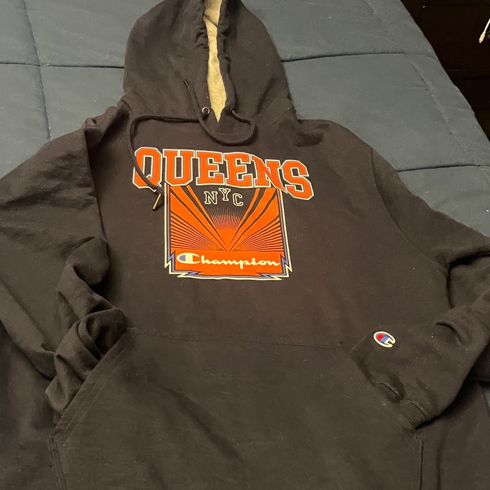 Champion Black Hoodie with Queens NYC Graphic